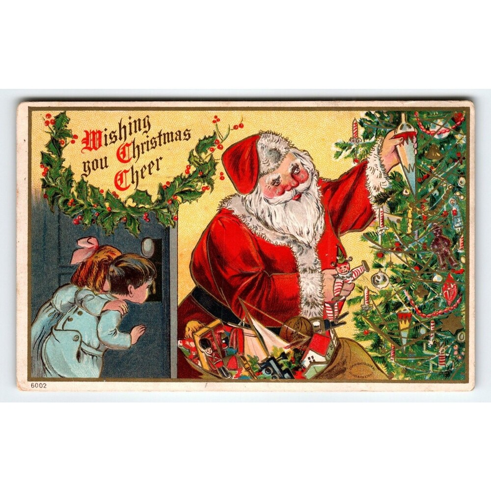 Vintage 1908 Santa Claus Christmas Postcard with Kids Decorated Tree Embossed
